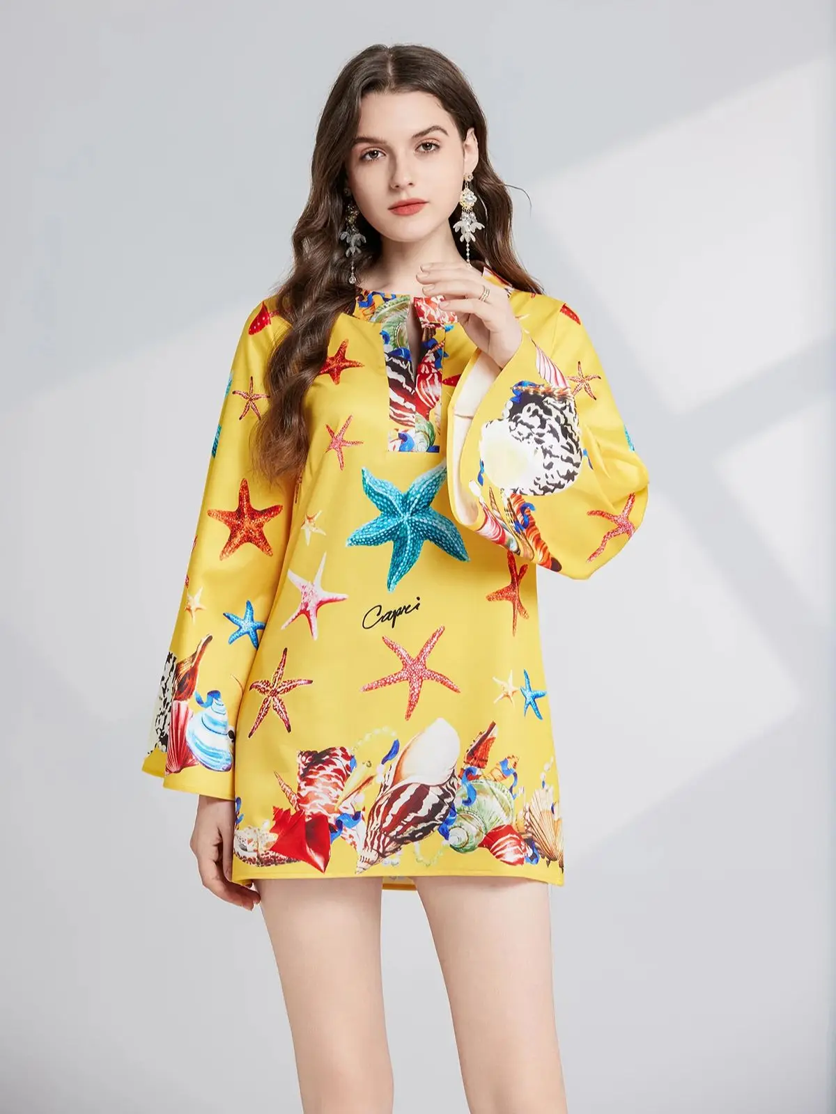 Summer Runway Holiday Beach abito corto da donna o-collo manica lunga svasata Conch Starfish Print Boho abito allentato abbigliamento femminile