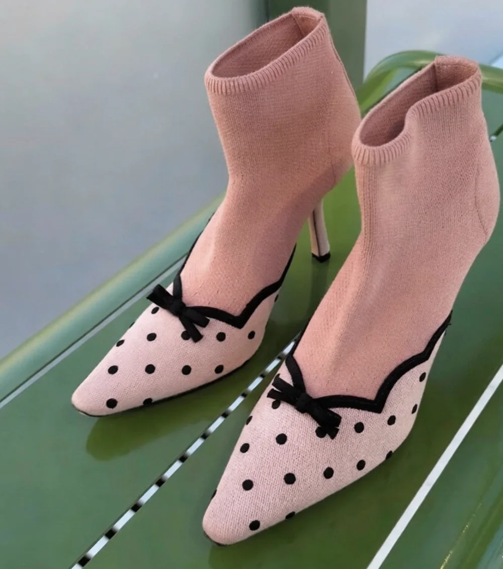 Elegant Pink Knit Sock Ankle Boots Black Polka Dot Print Mini Bow Decor Thin Stiletto Heel Boots Retro Sweet Style Fashion Shoes