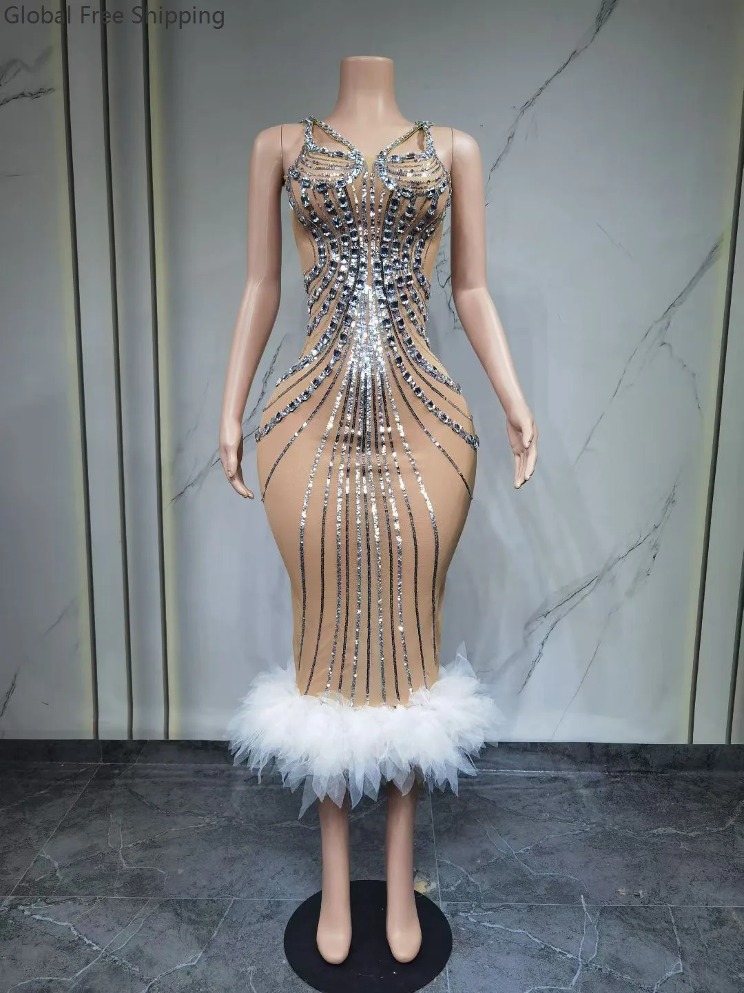 

Girl's Tulle Ball Gown Sexy Sheer Rhinestone Cocktail Dress Women's Birthday Party Banquet Sparkling Feather Train Evening Gown