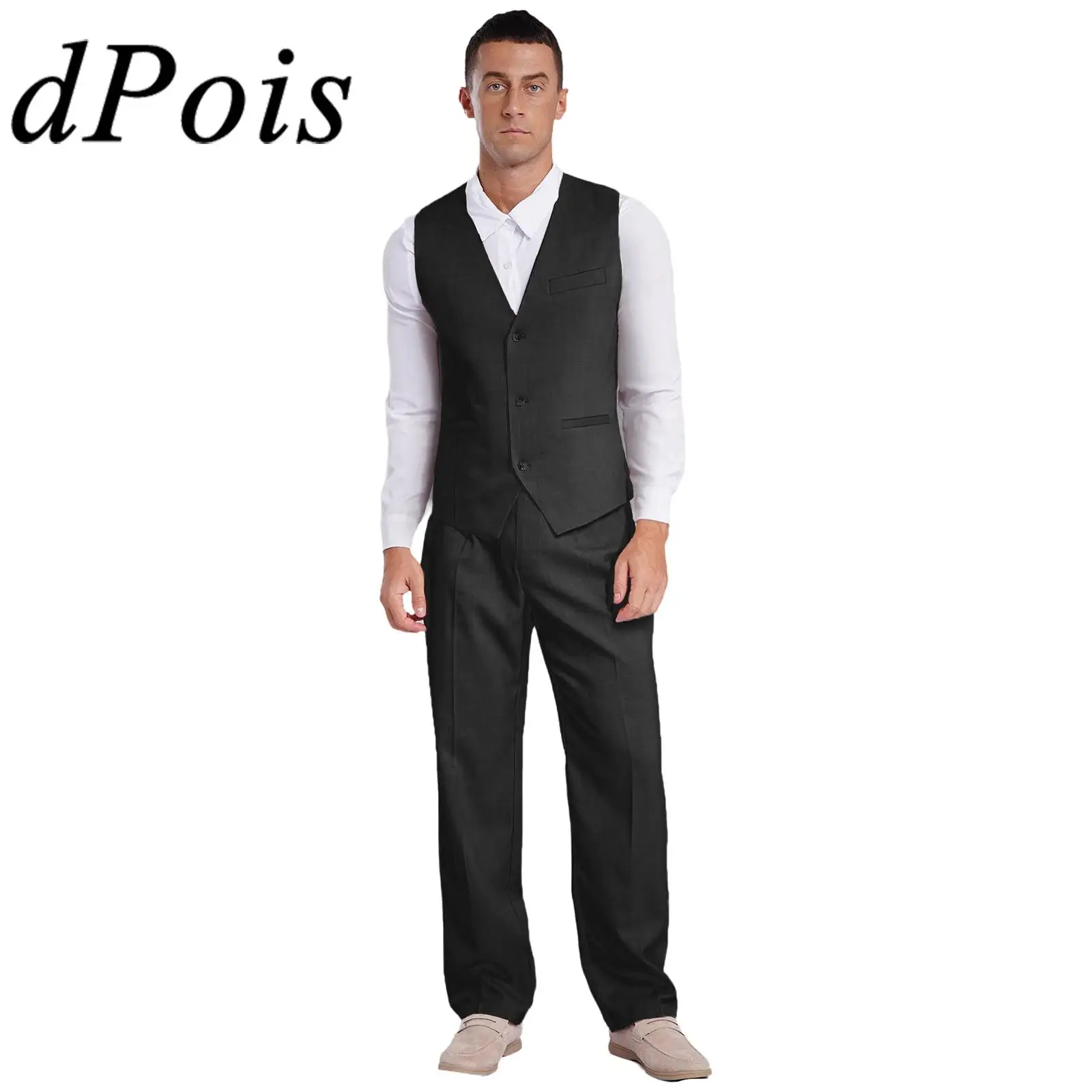 Mens Formal Suit Business Set V Neck Button-up Pointed Hem Vest and Straight Pants Male Wedding Suits Cocktails Party Outfit