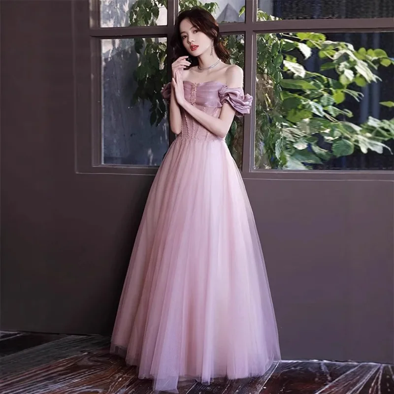

2025 New Women's Summer One Shoulder Style Light Luxury Pink Evening Dress Fashionable Slimming Sweet Banquet Host Dress