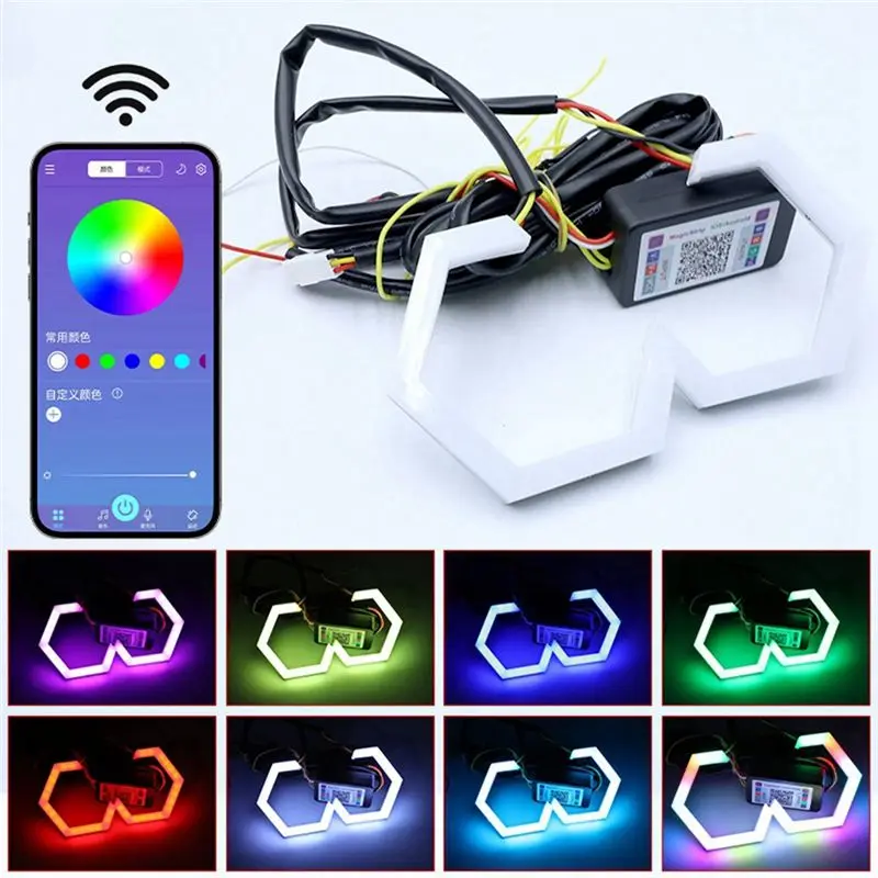 ABTU-2PCS RGB Angel Eyes Halo Rings Turn Signal Bluetooth APP Control Car UTV Motorcycle DRL Headlight Decorative Light