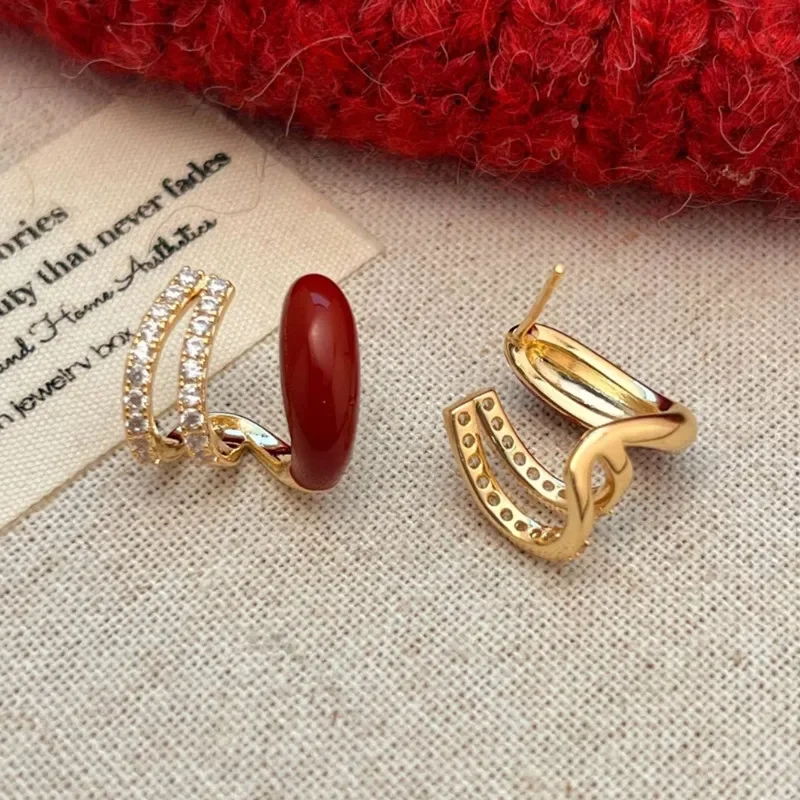 French Retro Design Multi-layered Zircon Burgundy Stud Earrings For Women Fashion Daily Accessory Party Jewelry Birthday Gifts