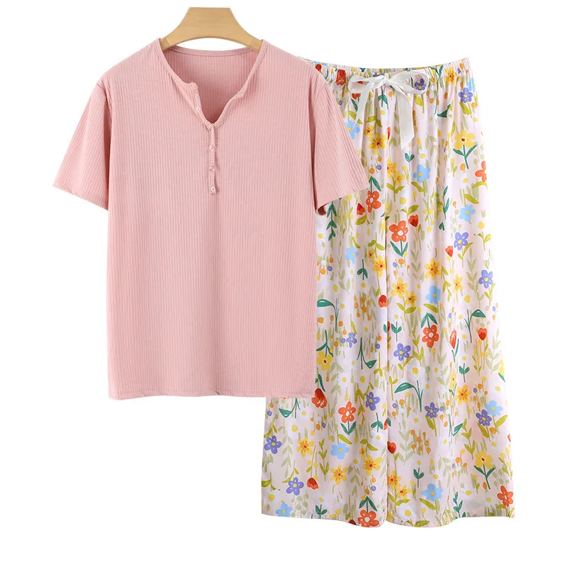 Loose V-Ne ort Sve Knitted Cotton Silk Home Spwear Set Comfortable Breathable Summer Base irt Wide Leg Pants