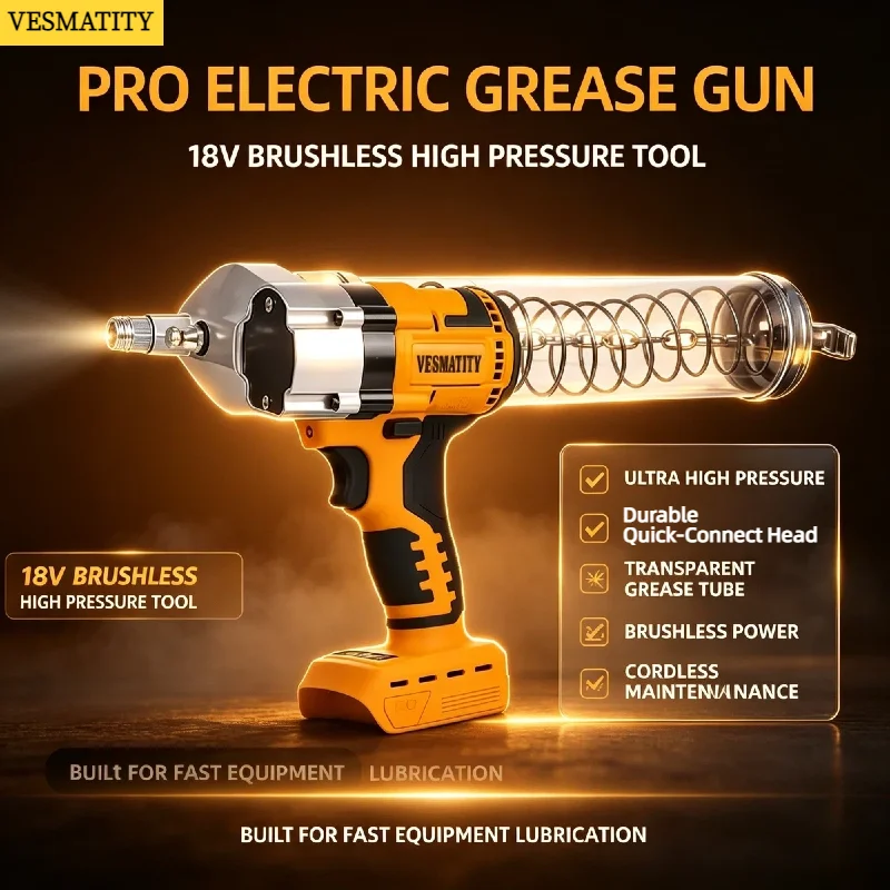 VESMATITY 10000PSI Oil Injector Brushless Electric Grease Gun for Excavator 20V Battery High Pressure Fully Auto Tool Pro