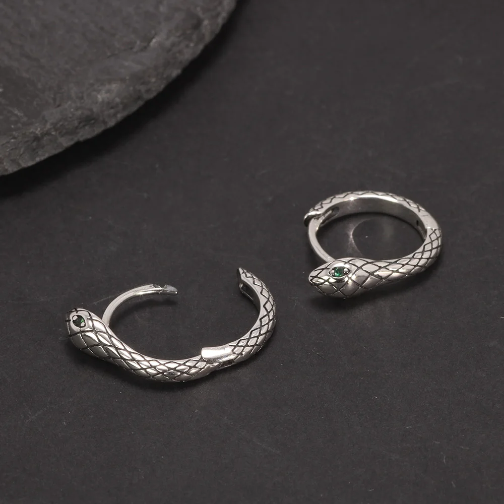 Vintage Fashion 925 Sterling Silver Snake Hook Earrings dla mężczyzn i kobiet Zircon Green Eyes Punk Hip Hop Biżuteria