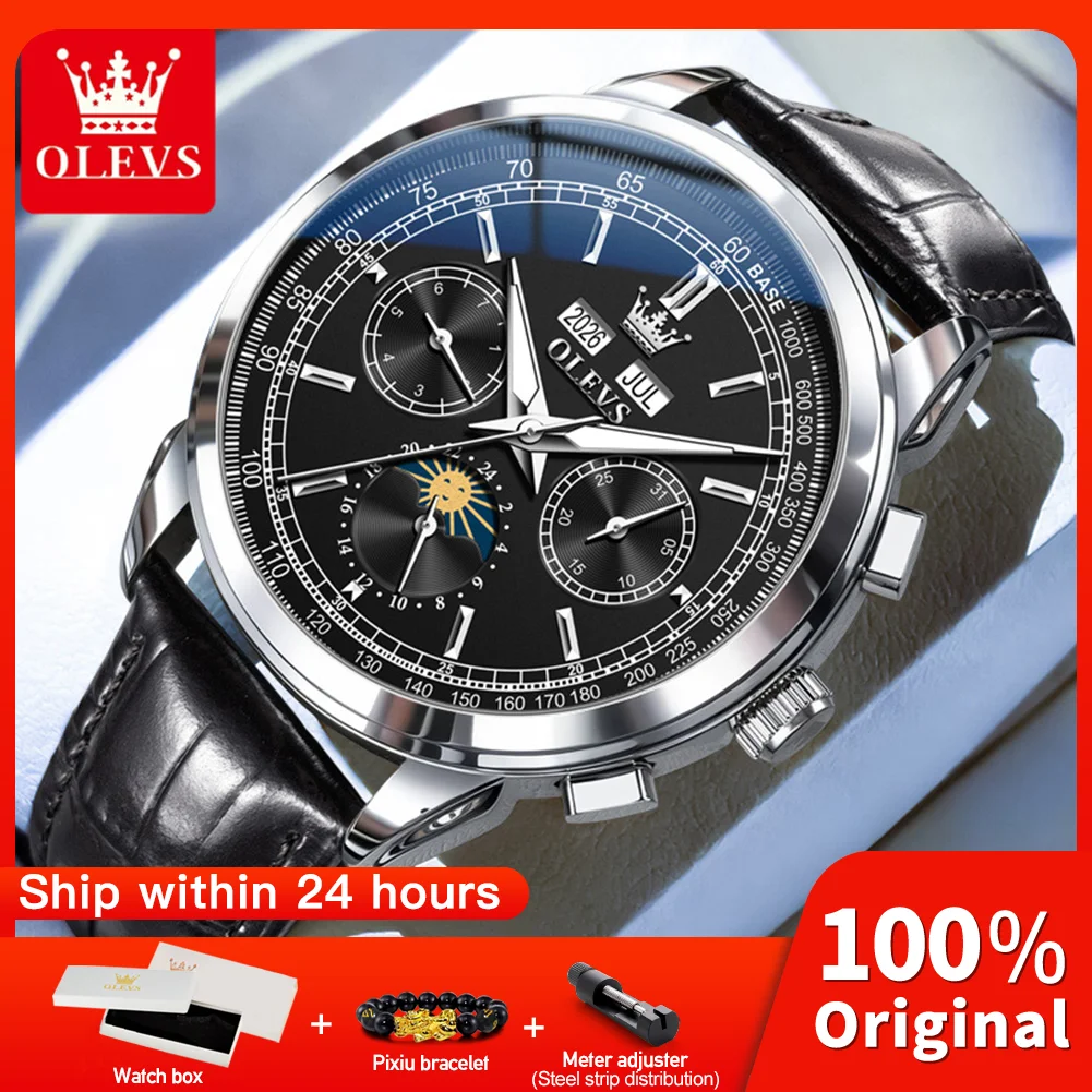 OLEVS 7117 Classic Men Mechanical Movement Watch 24h Moon Phase Day Window HD Luminous 30m Waterproof Leather Strap Watch Men
