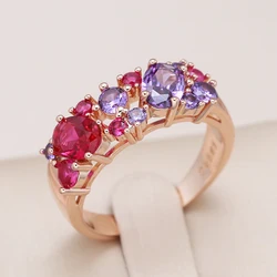 Kinel New Vintage Purple Natural Zircon Ring for Women Wide 585 Rose Gold Rings Ethnic Wedding Jewelry Daily Party Accessories