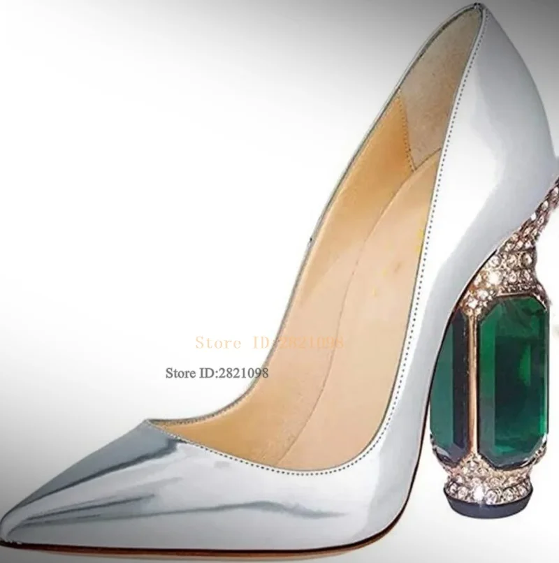 

Silvery Show Block Heeled Green Gem Crystal Chunky Pumps Women's Chunky High Heels Pointed Toes Party Shoes