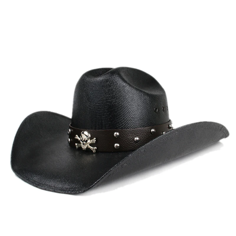 Retro Punk Skull Leather Belt Unisex Yellowstone Beach American Western Wide Brim Cowboy & Cowgirl Sun Hat Pinch Front 57-61cm