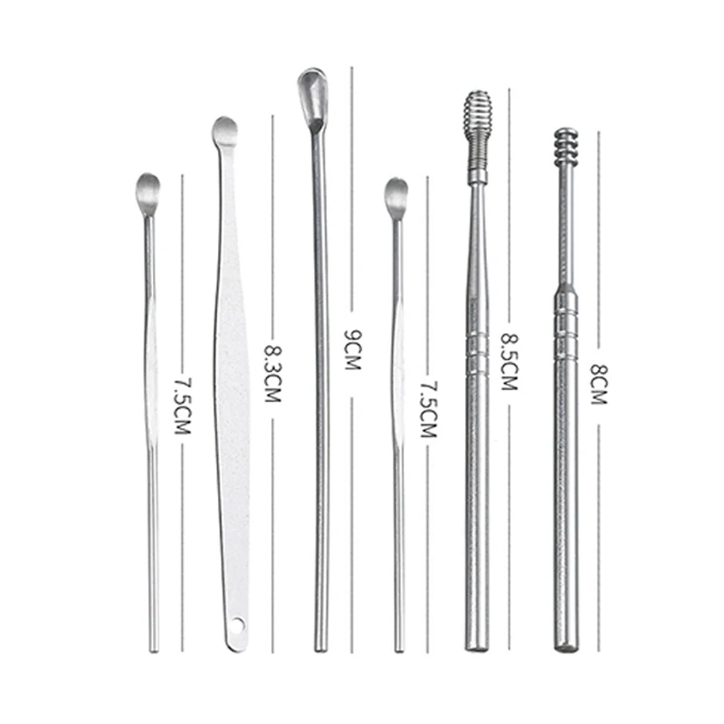 6 pz/set detergente per le orecchie raccoglitori di cerume per le orecchie in acciaio inossidabile Kit per la rimozione della cera per le orecchie Curette per la cura del cucchiaio strumenti per la pulizia dell'orecchio