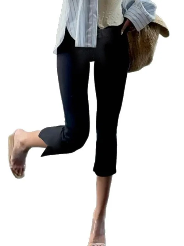 Pantaloni micro svasati versatili casual Pantaloni da sette piedi per pendolari da donna All-Match Pantaloni larghi in vita elastica lavorata a maglia