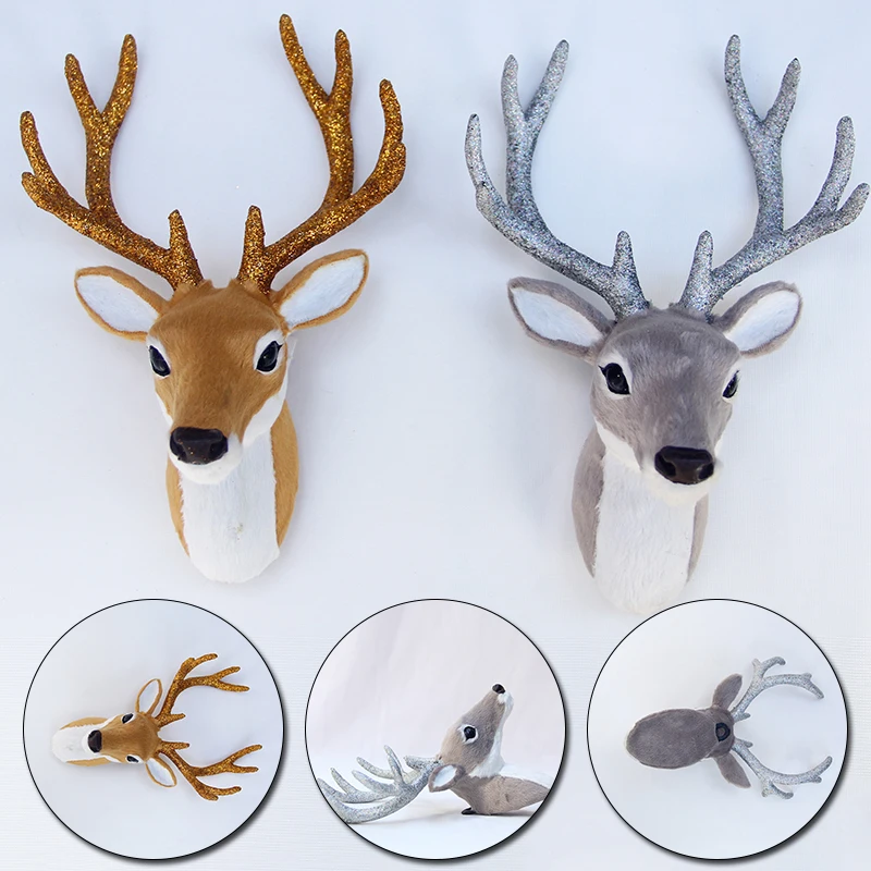 NEW Simulation Plush Reindeer Elk Deer Head Doll Realistic Deer Antlers Head Wall Mount Sculpture for Home Party Xmas Decor