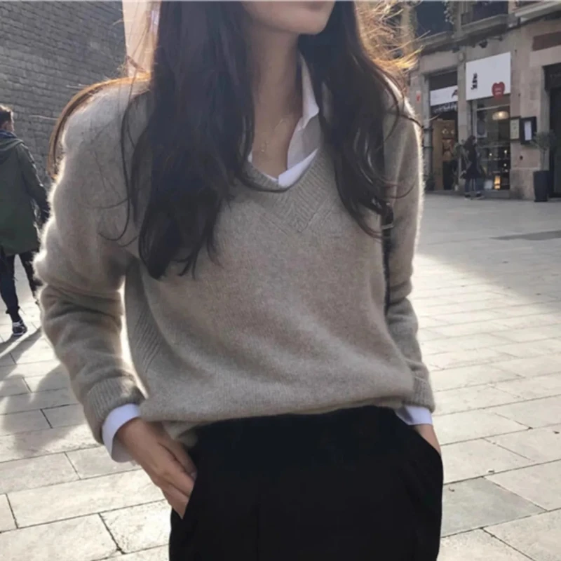 

Зимняя свободная шерстяная базовая рубашка в иностранном стиле с v-образным вырезом, свитер из 100% чистого кашемира, женский пуловер, осень и