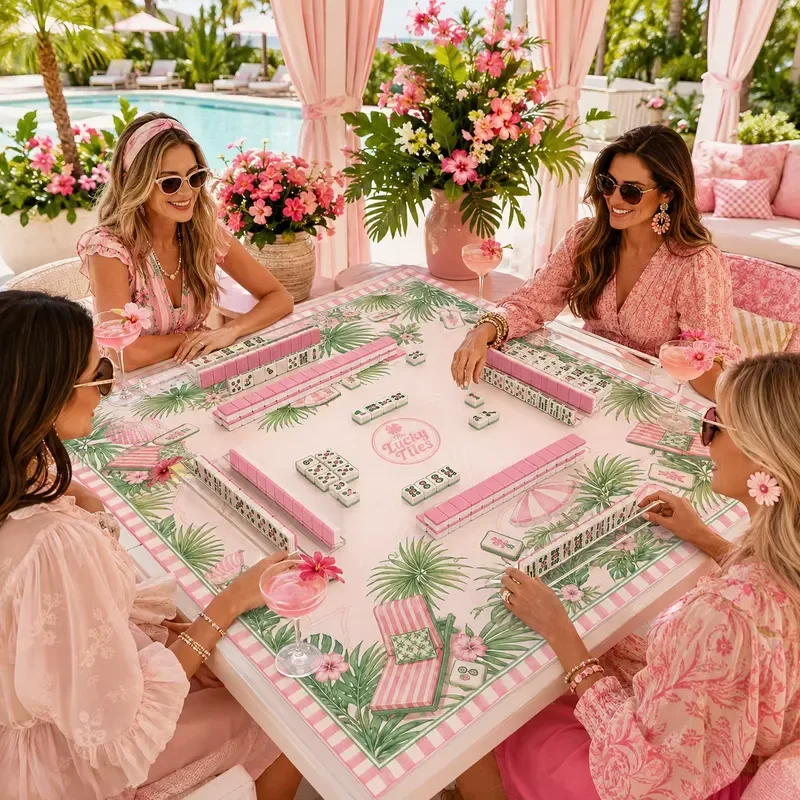 Foldable Neoprene Mahjong Mat 33x33 Inch Pink Tropical Palm Design Non Slip Table Cover Modern Beach Style Customizable Game