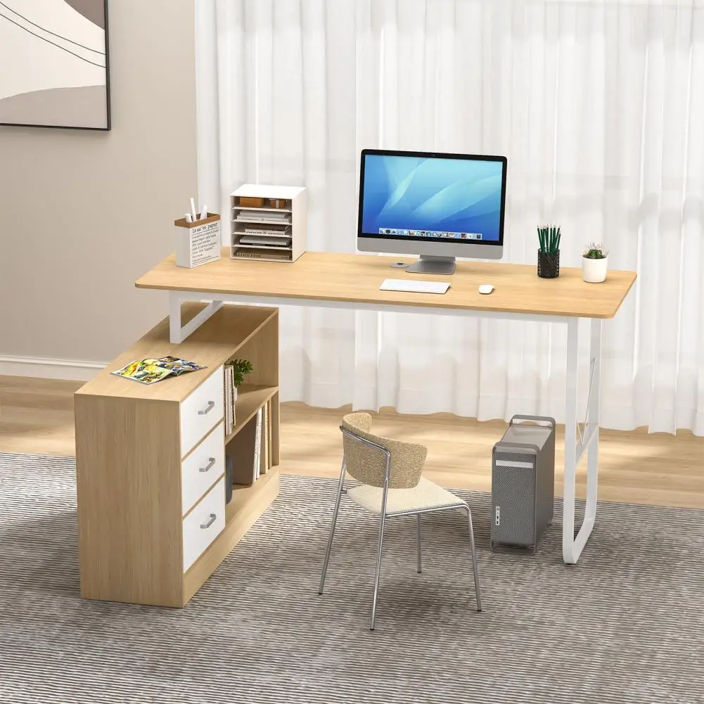 L-Shaped Office Desk Corner Computer Desk With 3 Drawers/2 Shelves Thick Plate Workstation Executive Desk With Storage Shelf