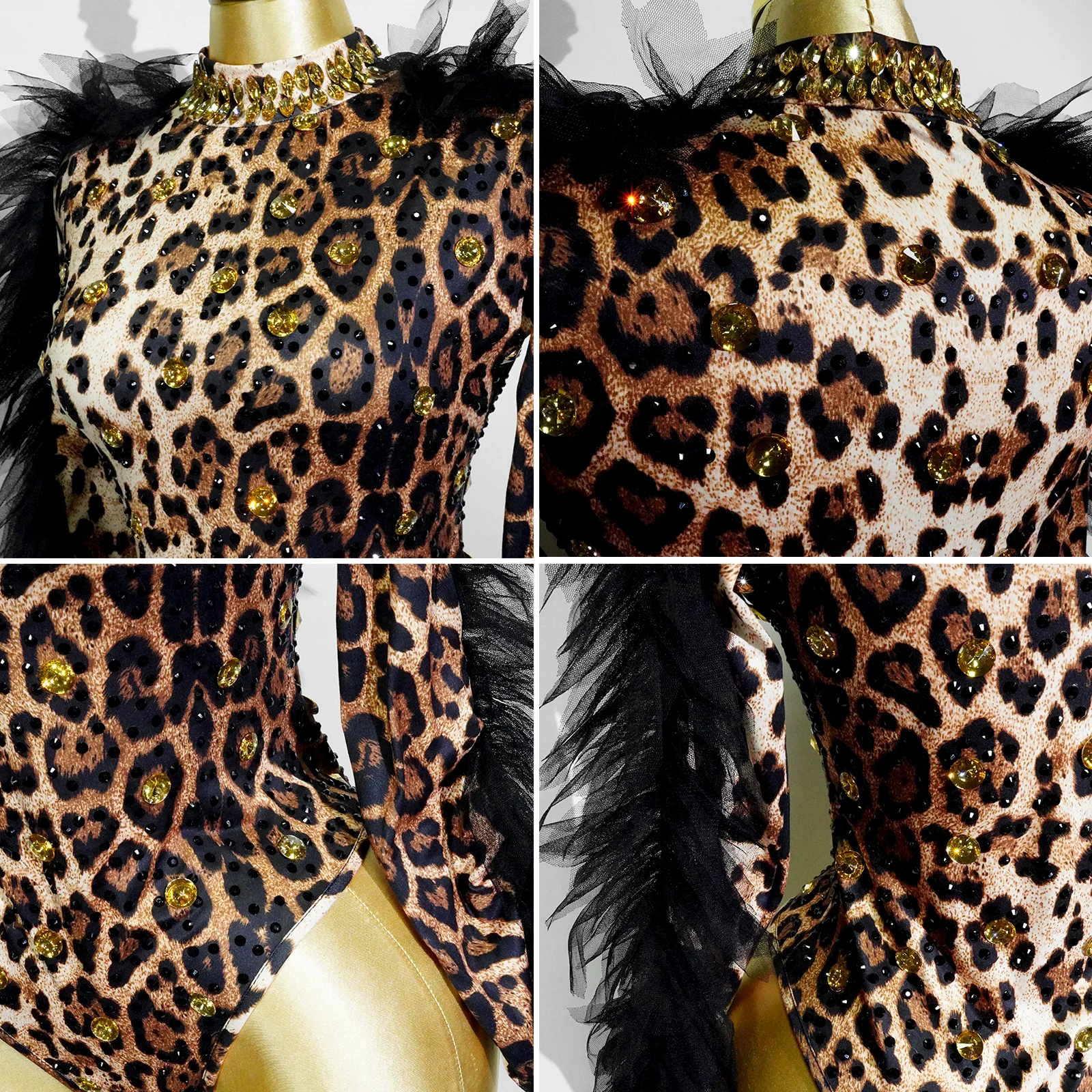 セクシーなレオパード柄ラインストーン付きブラックメッシュイベントコスチューム、女性用ボディストラス、ドラッグダンスステージ衣装、ナイトクラブ衣装