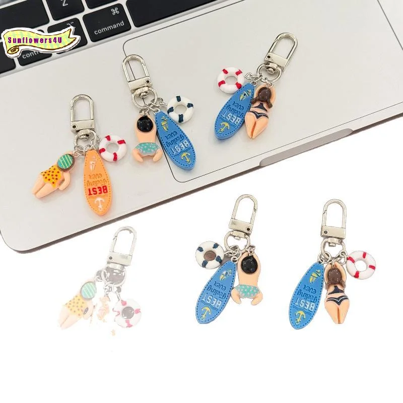 Summer Cute Swimmer Keychains with Cartoon Surfboard Lifebuoy Charms Fashionable Key Pendant Perfect Gift for Close Friends