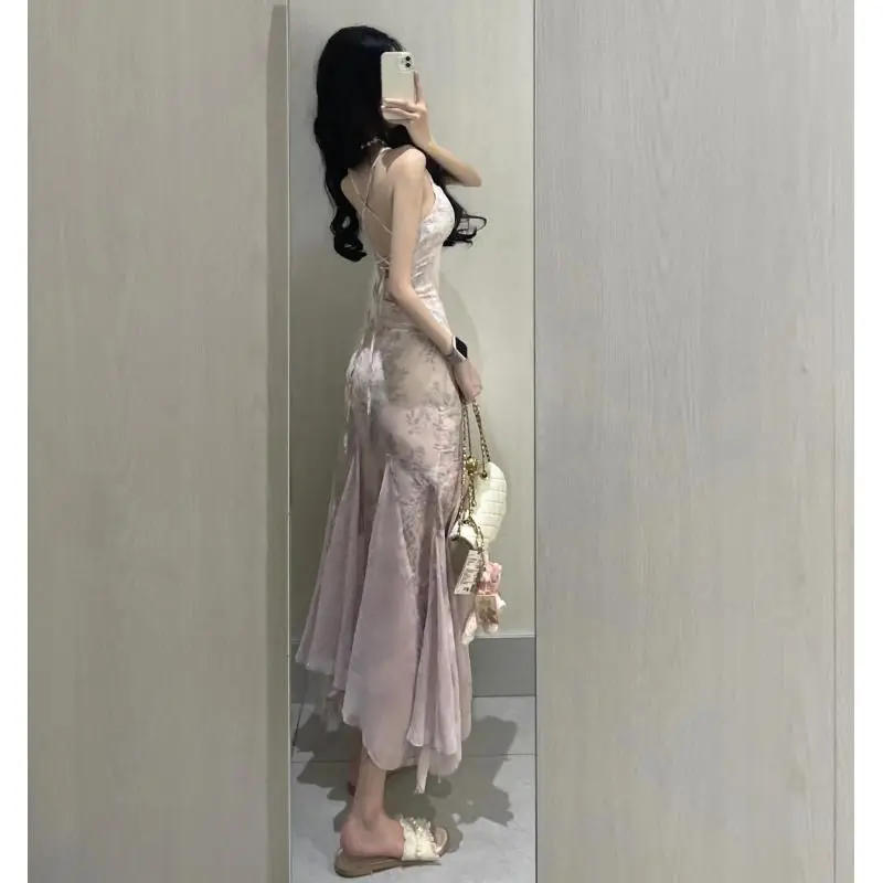 French Floral Sling Dress for Women, New Summer Beach Style. Backless & Waist-Cinching, Sweet & Spicy!