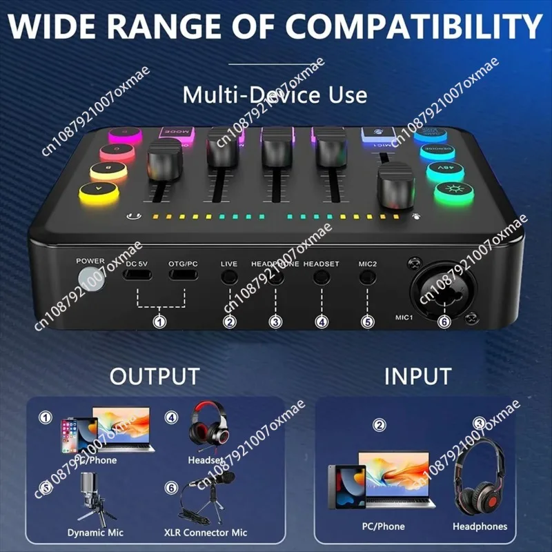 Audio Mixer, Streaming RGB PC Mixer with XLR Microphone Interface, Volume Fader, 48V Phantom Power for Podcast
