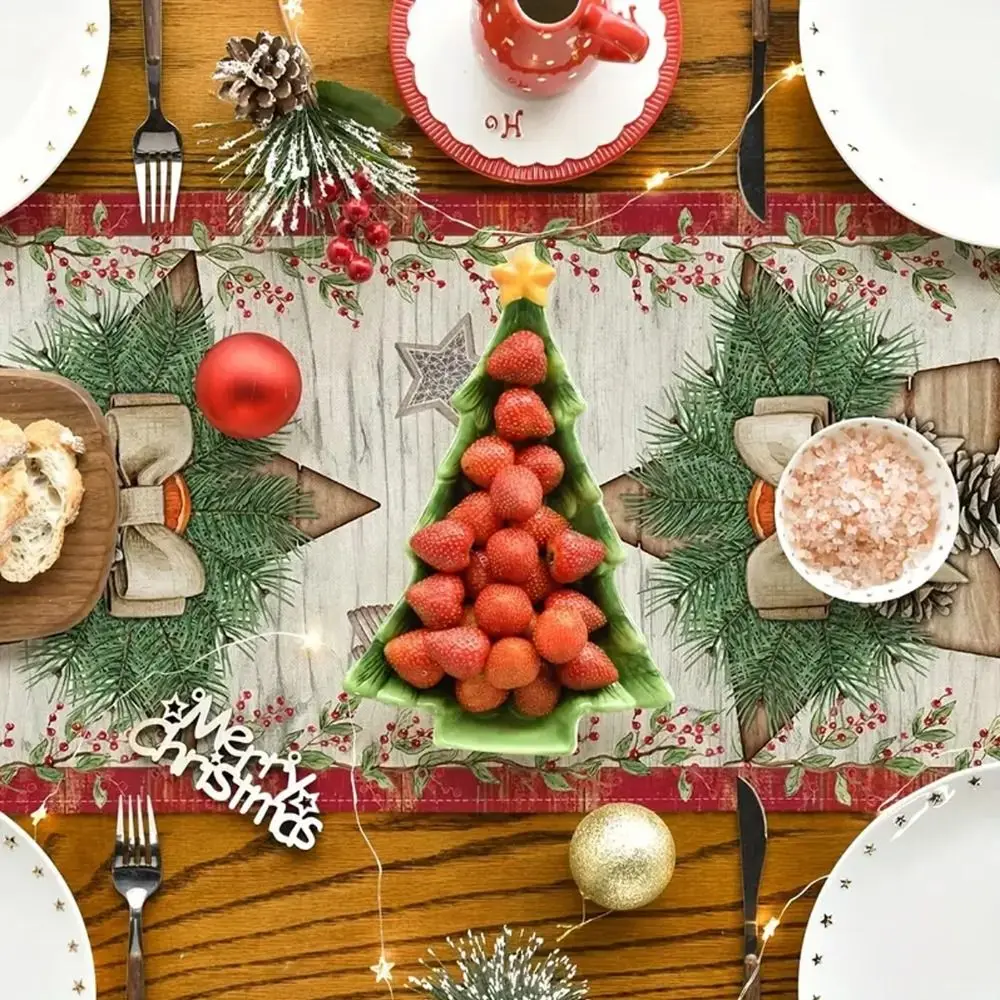 Poinsettia Flower Pattern Christmas Table Runner Linen Material Rectangular Shape Table Decor Cloth Long Length