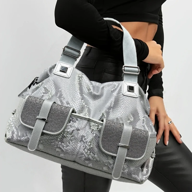 

Fashion Sequined Snake Tote Bag Large Capacity Multi-pocket Elegant Microfiber Synthetic Leather Shoulder Bag