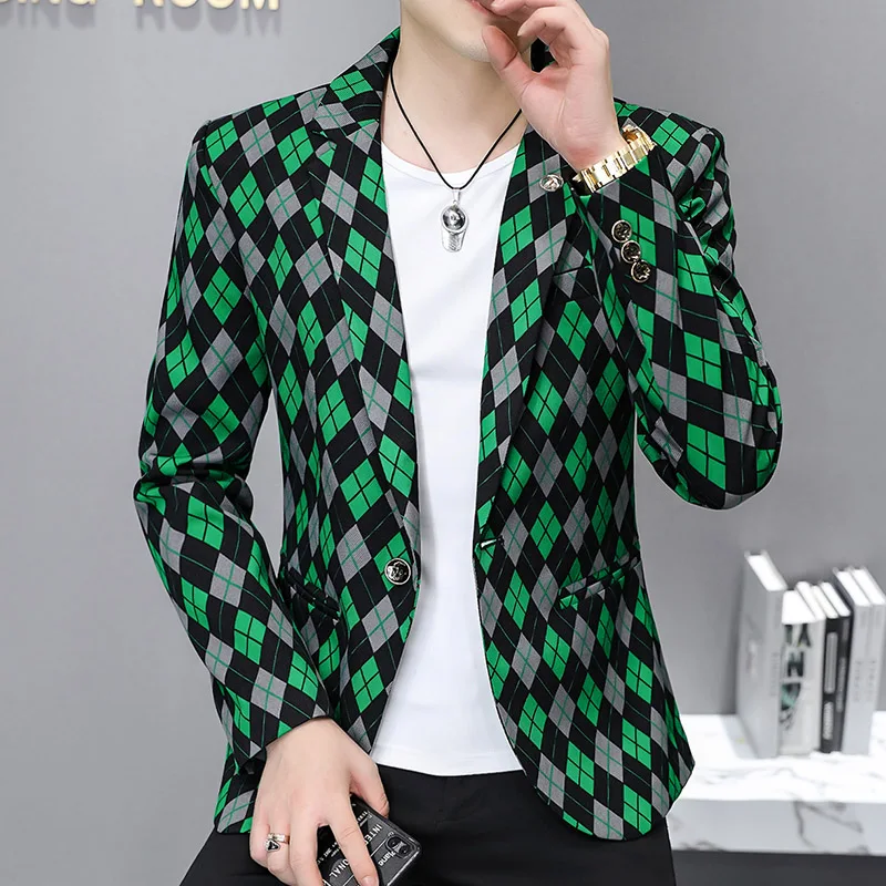 2022 Autumn New Green Lattice Casual Suit Coat Fashion Men Business Slim Fit Dress Suit Formal Social Party Tuxedo Blazers Homme