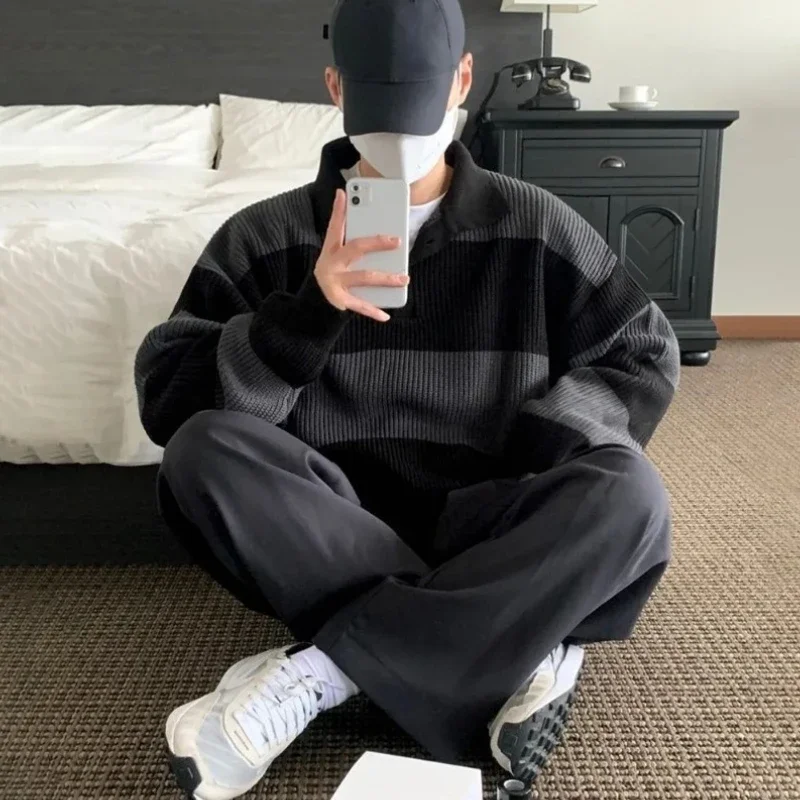 الكورية العصرية الرجال اللون المشارب بولو طوق زر سترة 2025 ربيع الخريف استرخاء صالح فضفاض عادية متماسكة ملابس خارجية