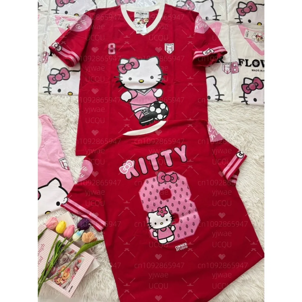 2025 الصيف النساء مرحبا كيتي رقم 8 طباعة الخامس الرقبة تي شيرتات قصيرة الاكمام المحملة البيسبول الفانيلة شريط المتضخم تي شيرت رياضي #3