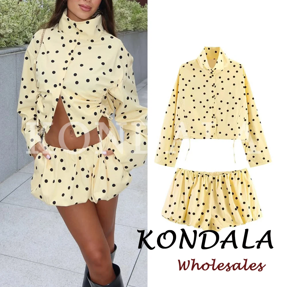 

KONDALA Chic Yellow Dot Casual Woman 2026 Spring Suits Single Breasted Folds Shirt+Elastic Waist Mini Shorts Fashion Modern Set