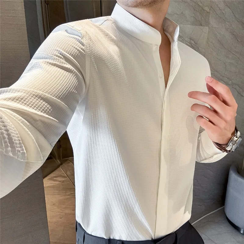 

Men Formal Dress Shirt Autumn Solid Business Casual Hidden Button Stand Up Collar Long Sleeved Shirt High-quality Men Clothing
