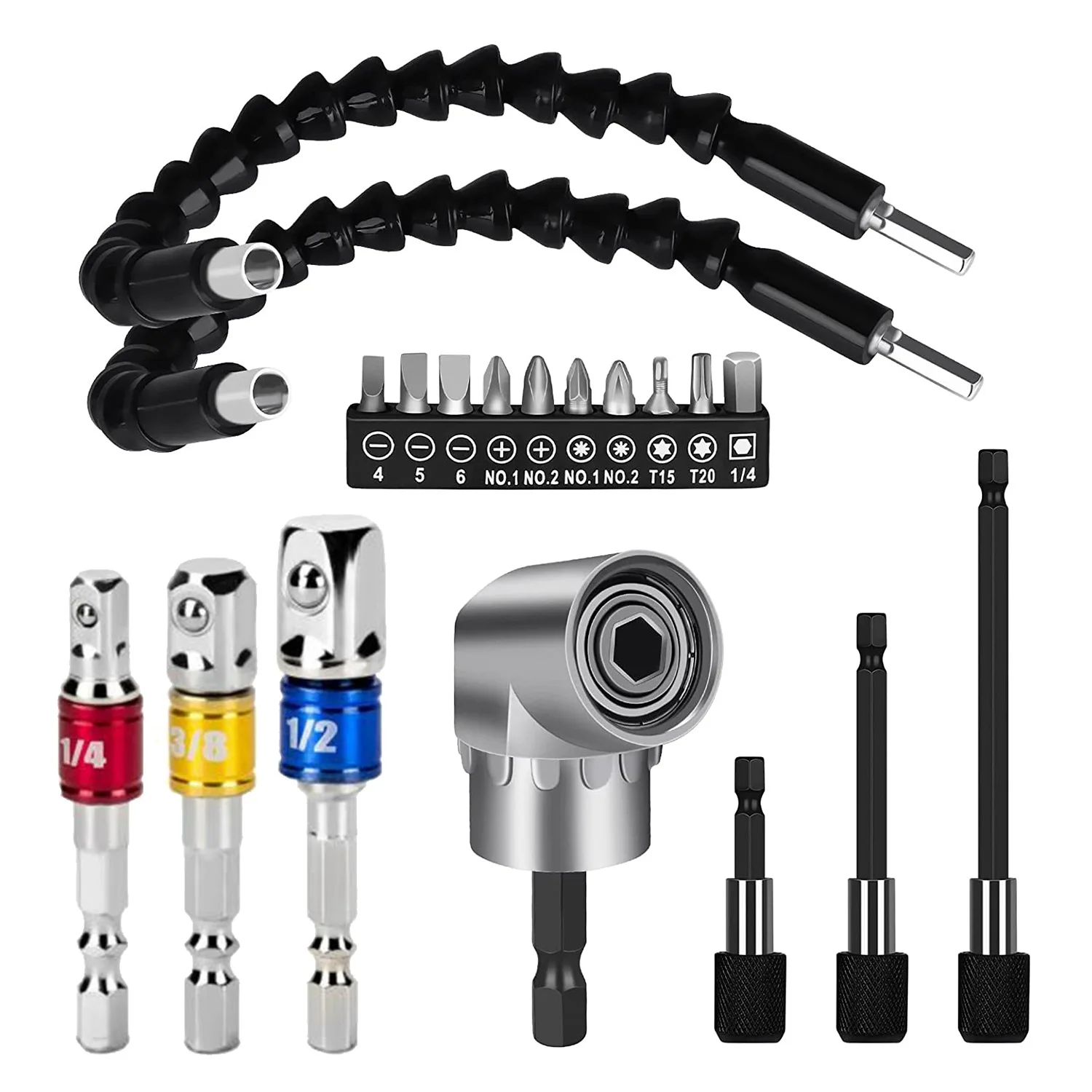 

19-Piece, Hex Handle 105° Right Angle Drill Bit Attachment, 3-Piece 1/4 3/8 1/2Inch Universal Socket Adapter