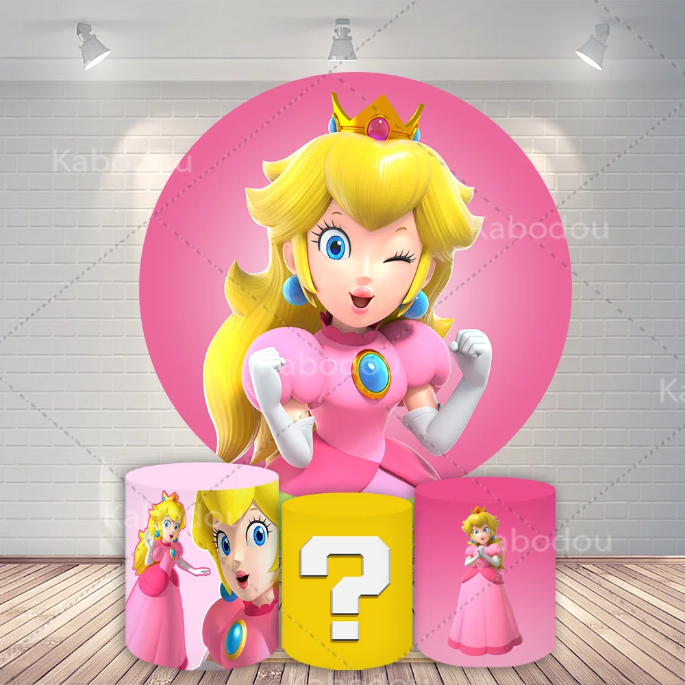 super-peach-princess-background-round-covers-pink-girl-1st-birthday-party-backdrop-decoration-mario-bros-cylinder-photo-banner