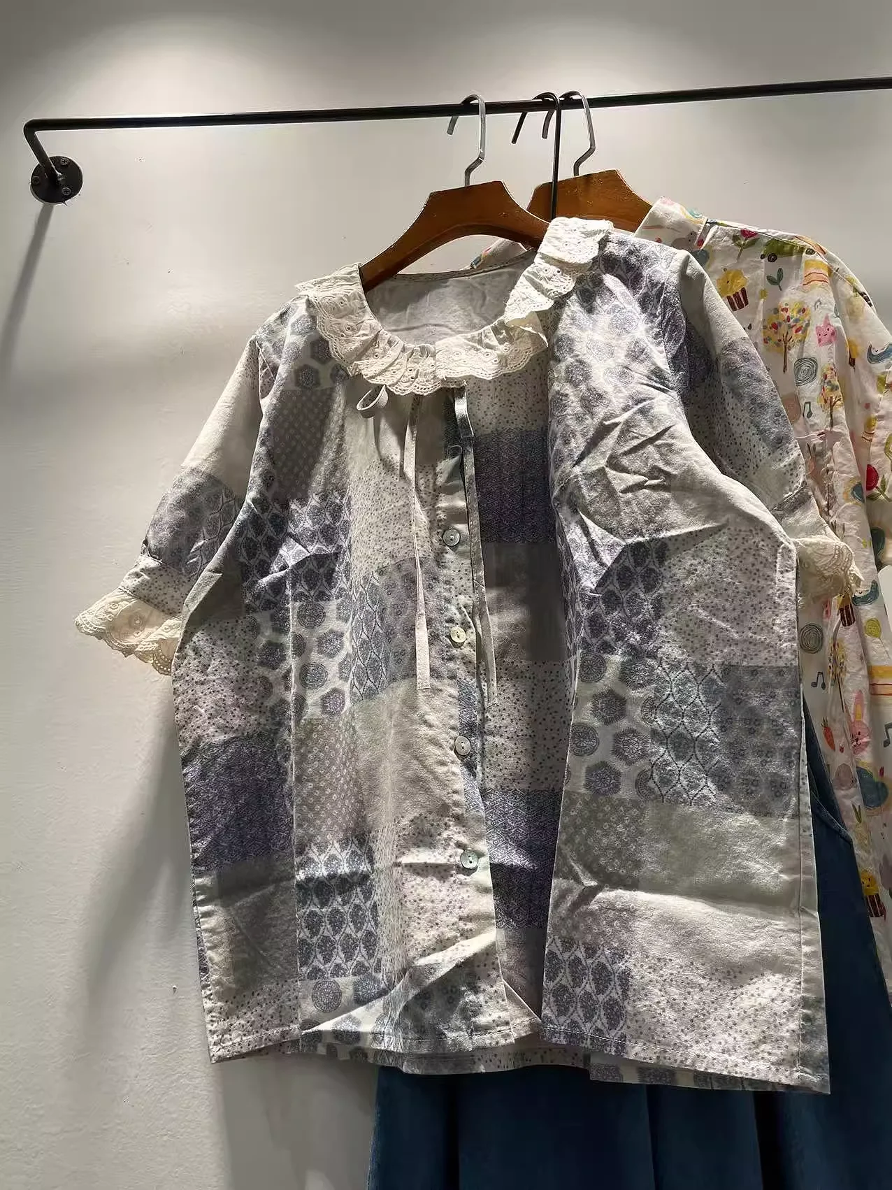 

2025 Mori girl clothing 100% cotton lace collar print shirts and blouses for women summer Japan style bow print oversized shirts