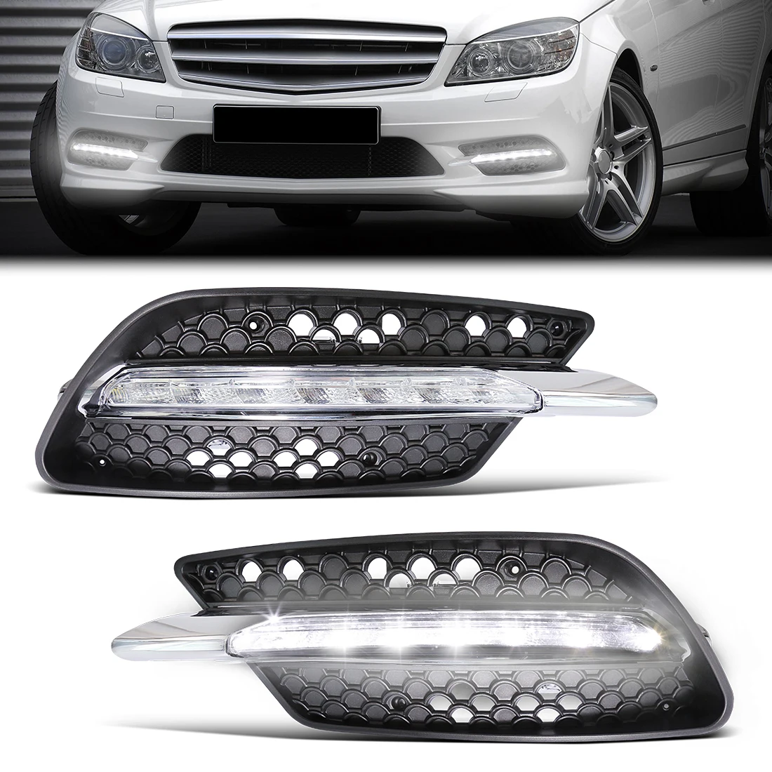 

Комплект DRL для Mercedes Benz W204 Sport AMG C300 C350 2008 2009 2010 2011, дневные ходовые огни, передний бампер, противотуманные фары, фары