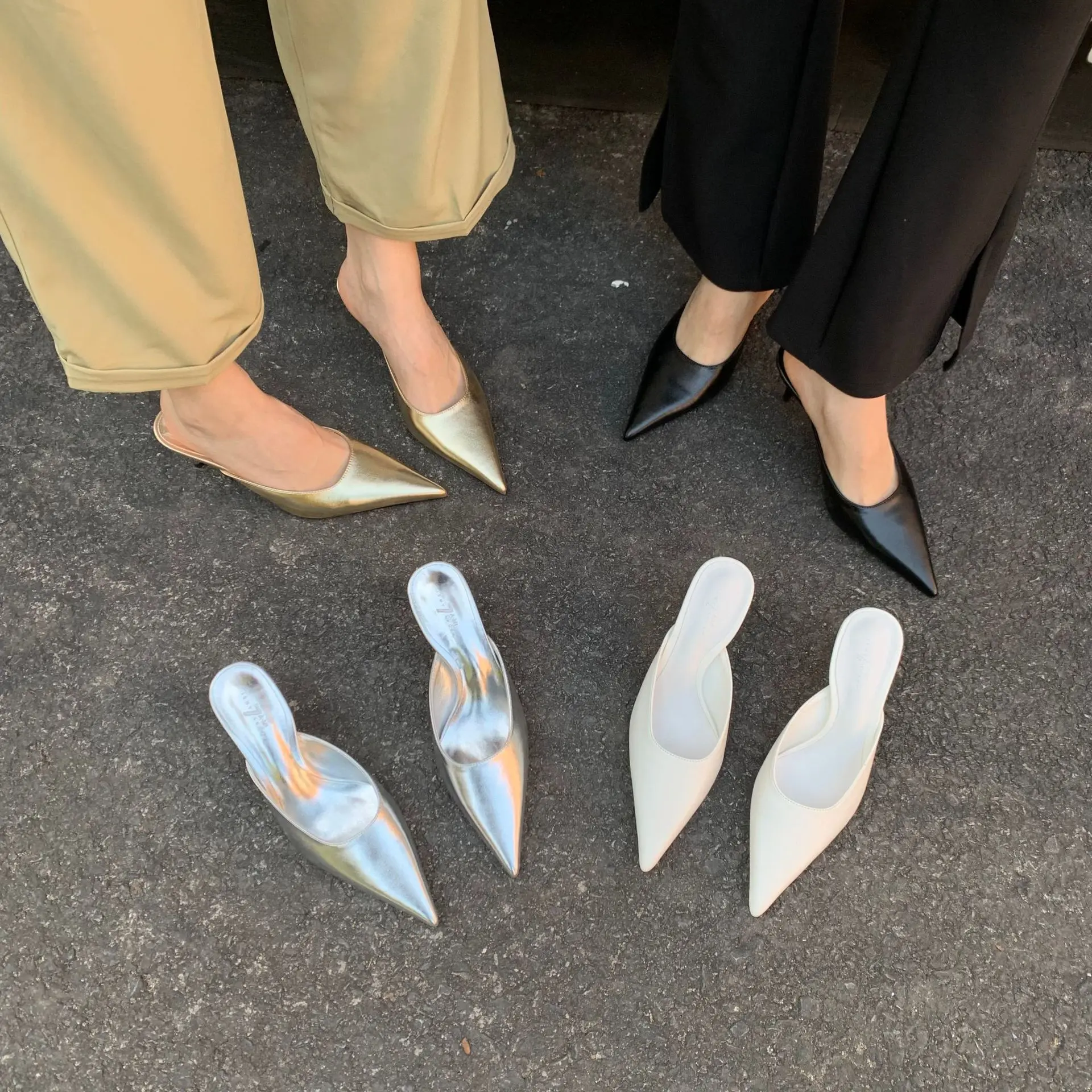 Low Female Shoes Slippers Soft Women Heels Pointed Toe Beige Heeled Sandals Slides 2023 Comfort High Thin Black Silver Cover