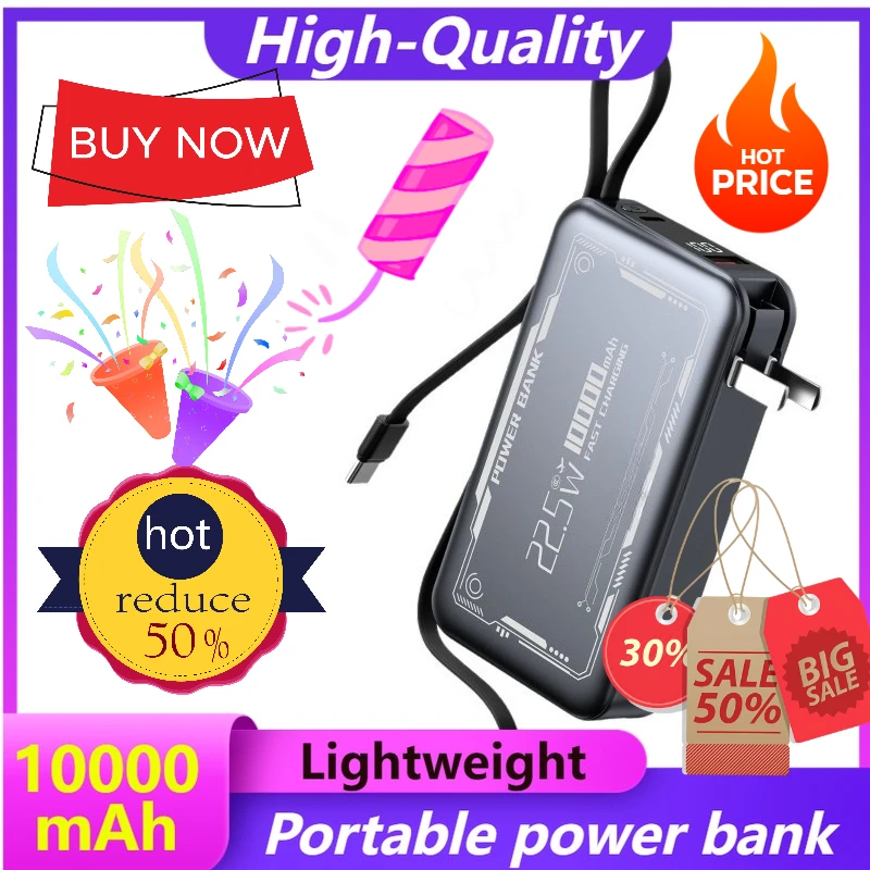 

10000mAh 3-in-1 Built-in Cable Power Bank High-Speed Charging Large Capacity Built-in AC Plug Mobile Power