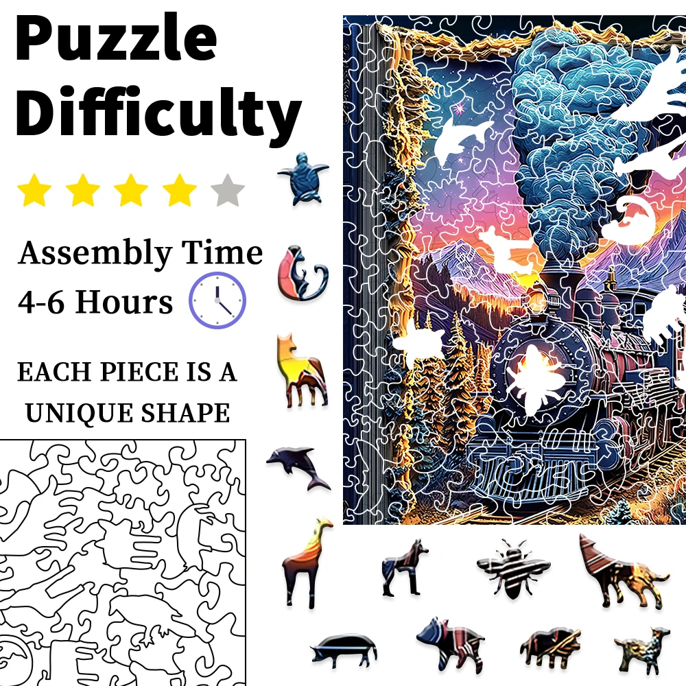 "Puzzle en bois de train |   Jeu de cerveau stimulant avec des pièces coupées irrégulières • Construction en bois durable • œuvres d'art colorées et int