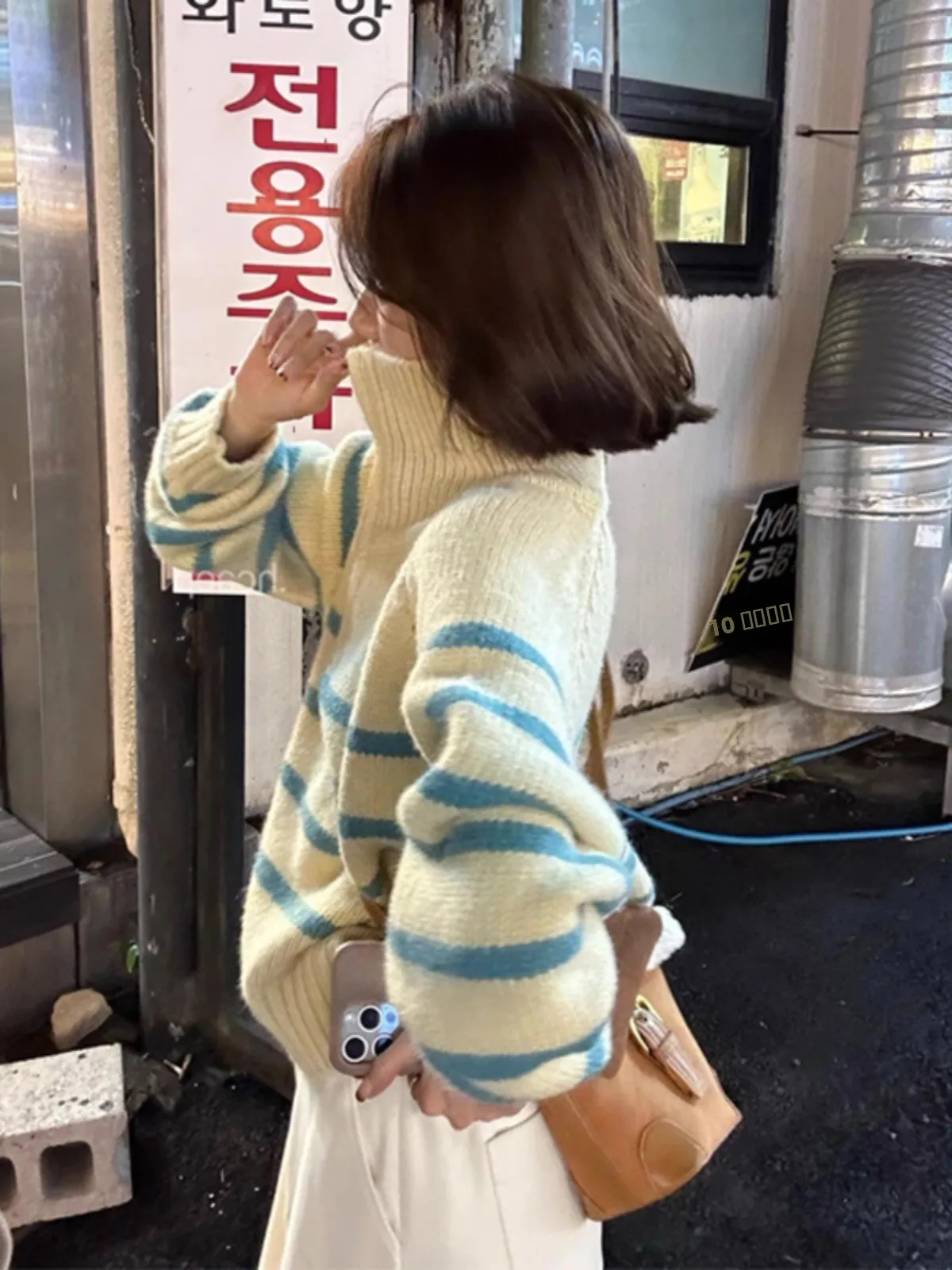 

Корейский женский свитер в полоску с высоким воротником на молнии, весенний сезон Fufu Lazy Sle, вязаный топ