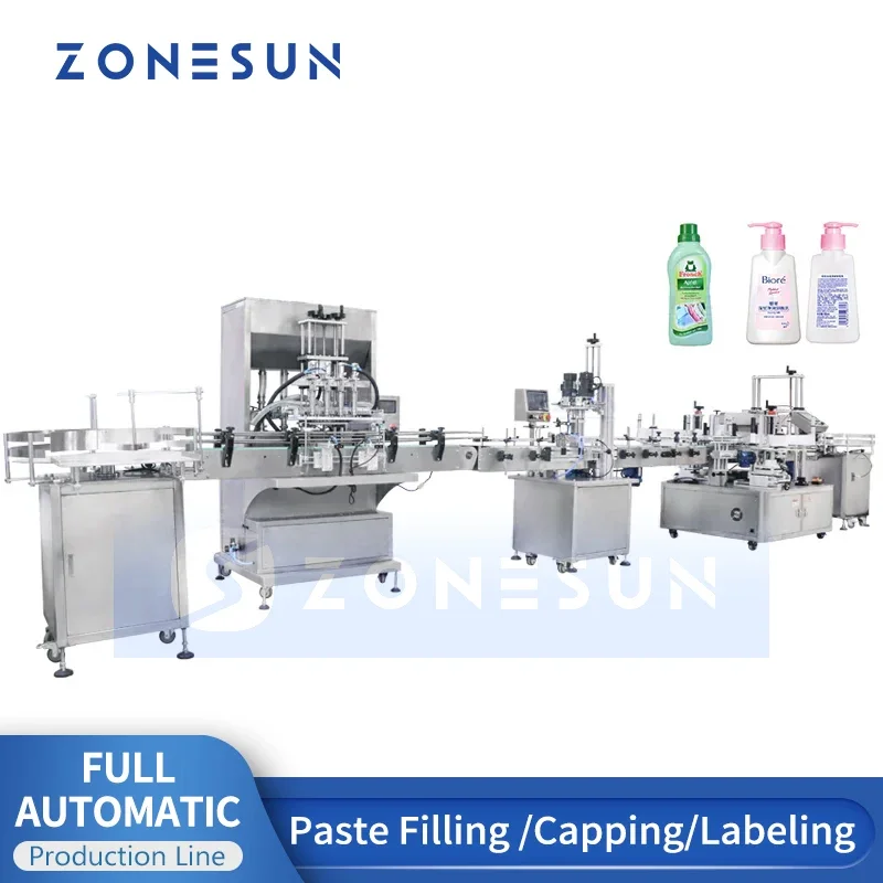 ZONESUN Custom Liquid Filling Capping And Labeling Machine 4 Heads Square Bottle Servo Ration Full Automatic Production Line