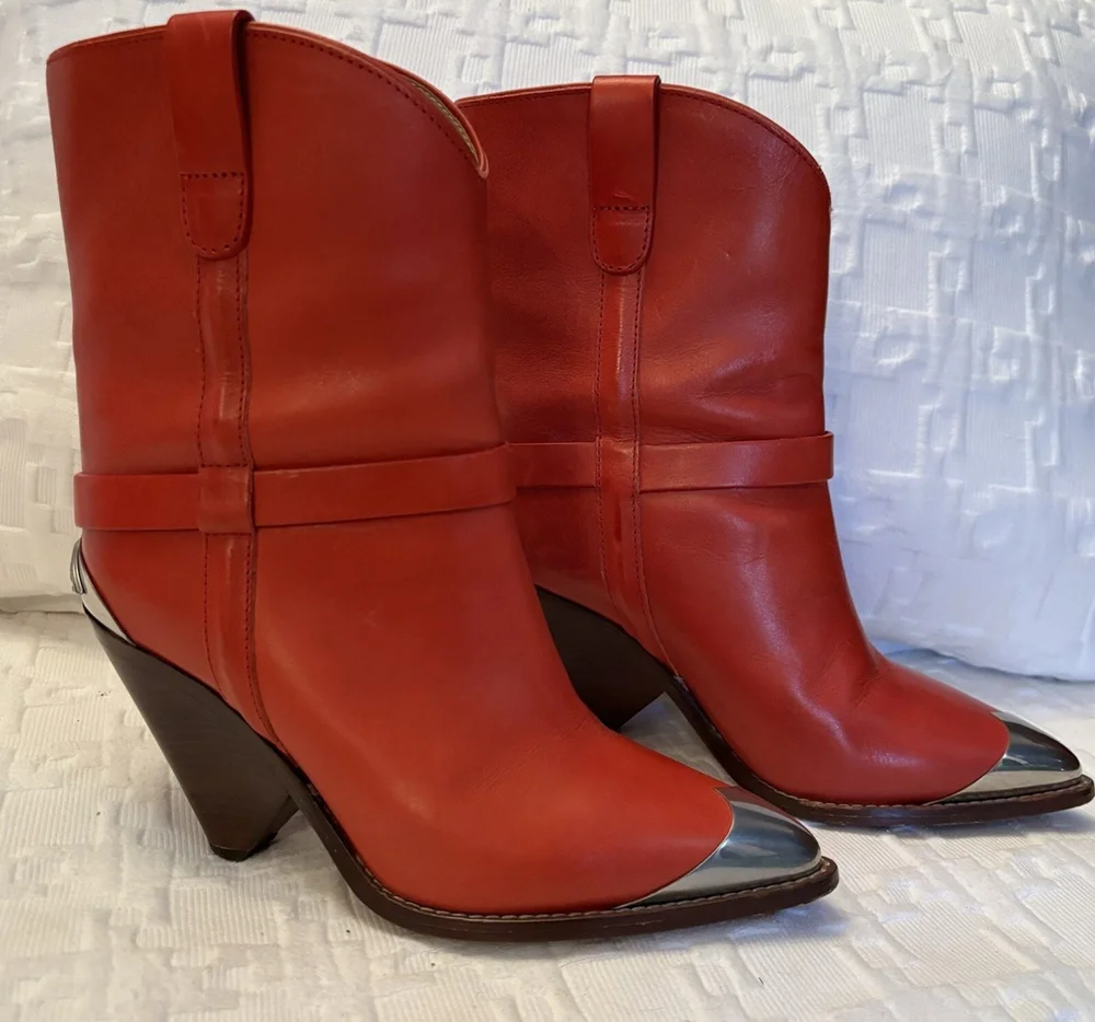 Red Western Cowboy Ankle Boots Smooth Leather Metal Tip Point Toe Chunky Wood Heel Ankle Strap for Casual