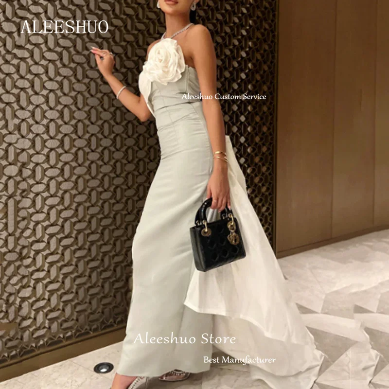 Aleeshuo Exquisite Straight Dubai Arabia Prom Dress Sleeveless Evening Dress Strapless With Flower Pleat Ankle-Length Party Gown