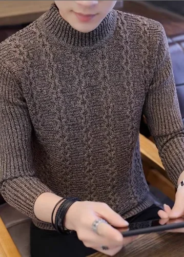 

Men's Winter Thiened f High Collar Knitted Sweater Slim Fit Faionable Korean Sle Long Sve Pure Color