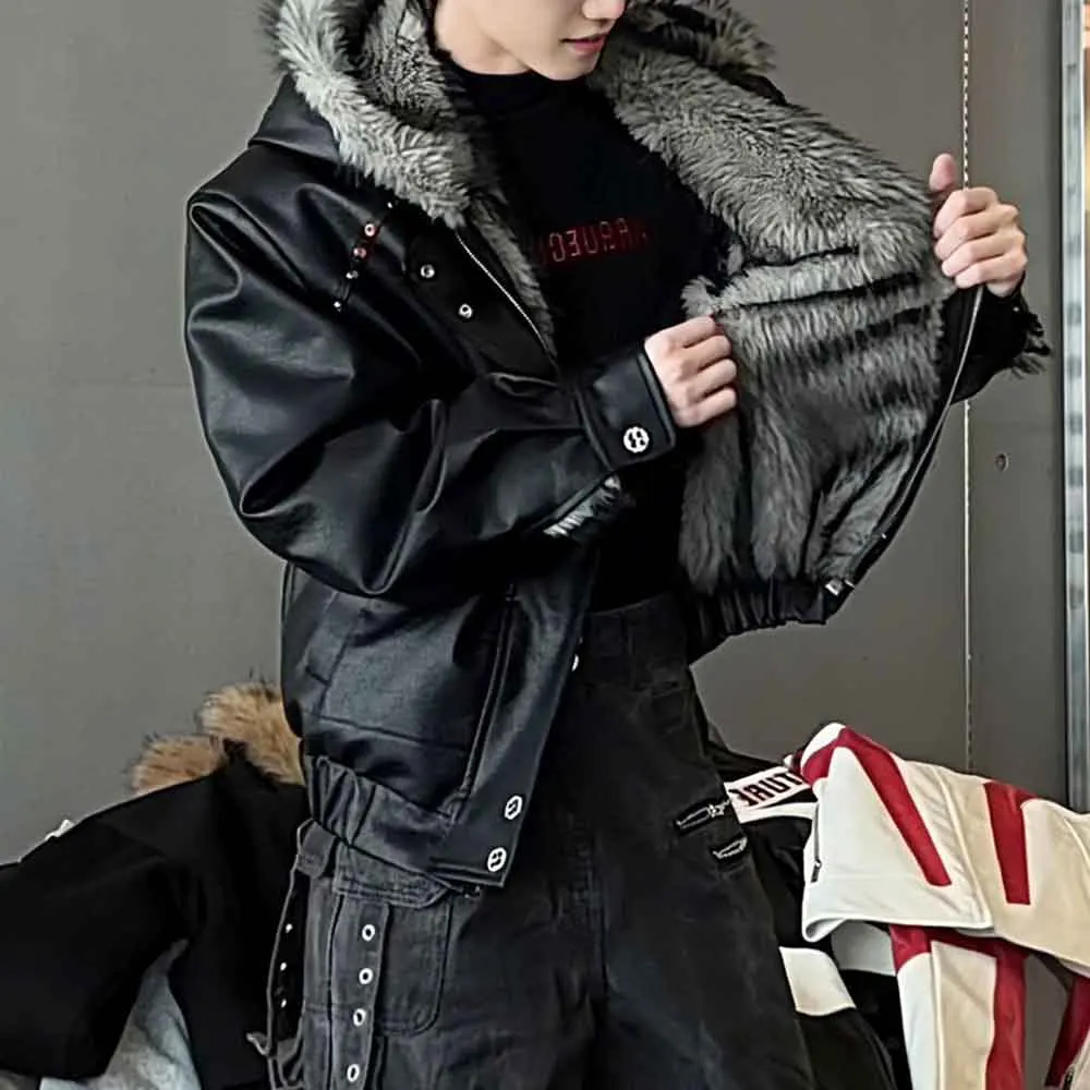 Mens Spring Pu Leather Jacket Fleece Warm Hooded Pu Jacket Streetwear Fashion Outdoor Trendy Versatile Top Men'S Clothing 2026