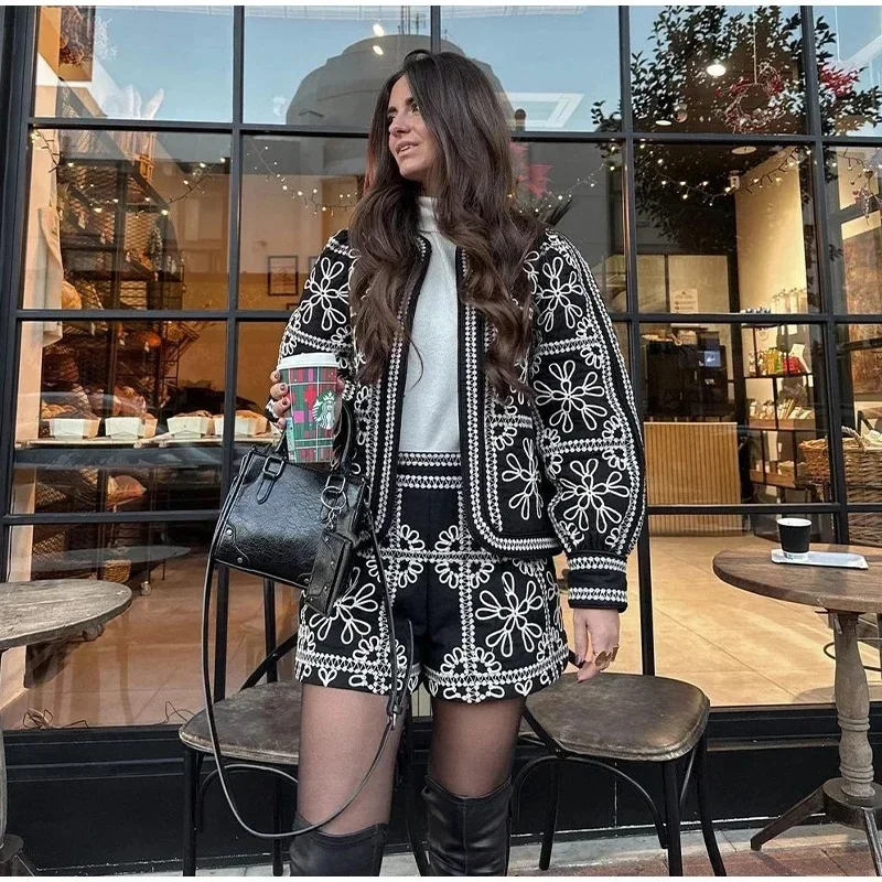 Autumn Vintage Floral Print Jacket and Pants Set O Neck Thin Jacket Coat Chic Office Lady Outwear