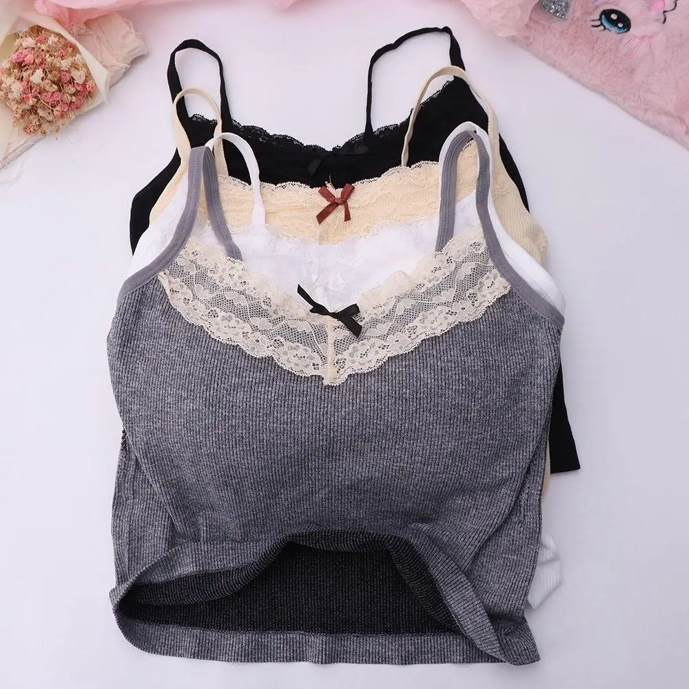 Elastyczne topy na ramiączkach z kokardą i wkładkami w biuście, dopasowane, krótkie, dzianinowe bluzki typu tank top dla kobiet w stylu Y2K.