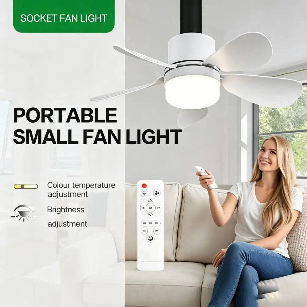 Socket Fan Light with Remote, Small Ceiling Fan with LED, E26/E27+B22 Cordless Light Screw Fan for Kitchen Bedroom, Small Room