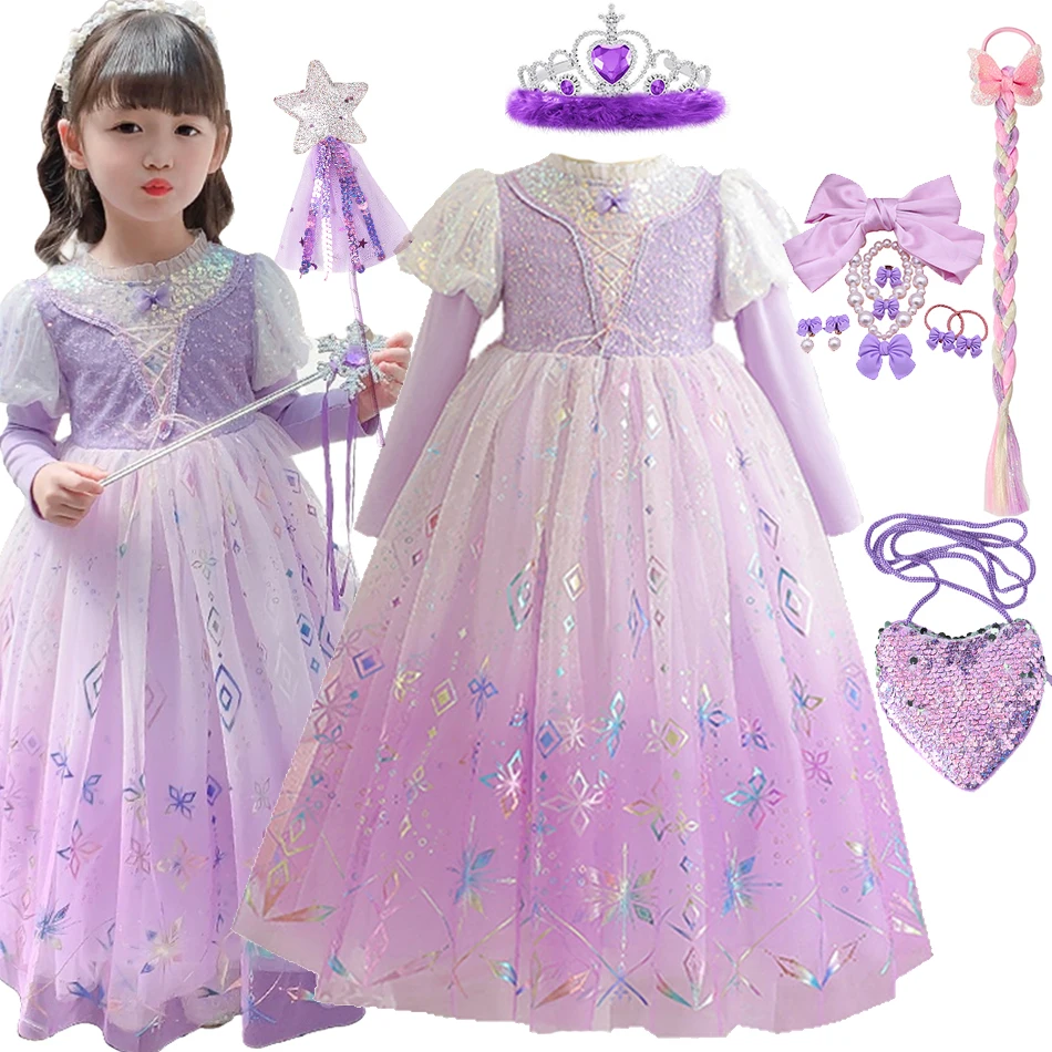 Gradient Purple Sequin Princess Rapunzel Dress Girls Purim Carnival Party Luxury Gown Spring Autumn Floor Length Print Outfits