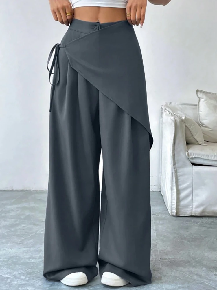 Elegant Irregular Suit Pants for Women High Waist Loose Wide Leg Pants Asymmetrical Lace Up Trousers Elastic Waist Casual Pants