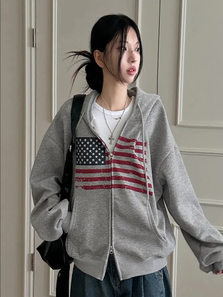 

Street Sle Ретро Повседневный флаг с принтом и капюшоном на молнии Открытый кардиган Верхняя одежда Женское свободное длинное пальто свека для поездок на работу